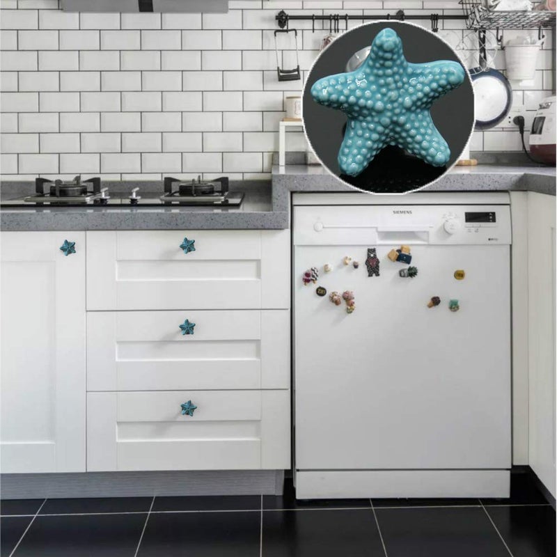 ZILucky Starfish Ceramic Drawer Pulls Handles for Nursery Dresser Cupboard Wardrobe Cabinet Kitchen Beach Ocean Theme Knobs Pack of 6 (Blue) - Image 4